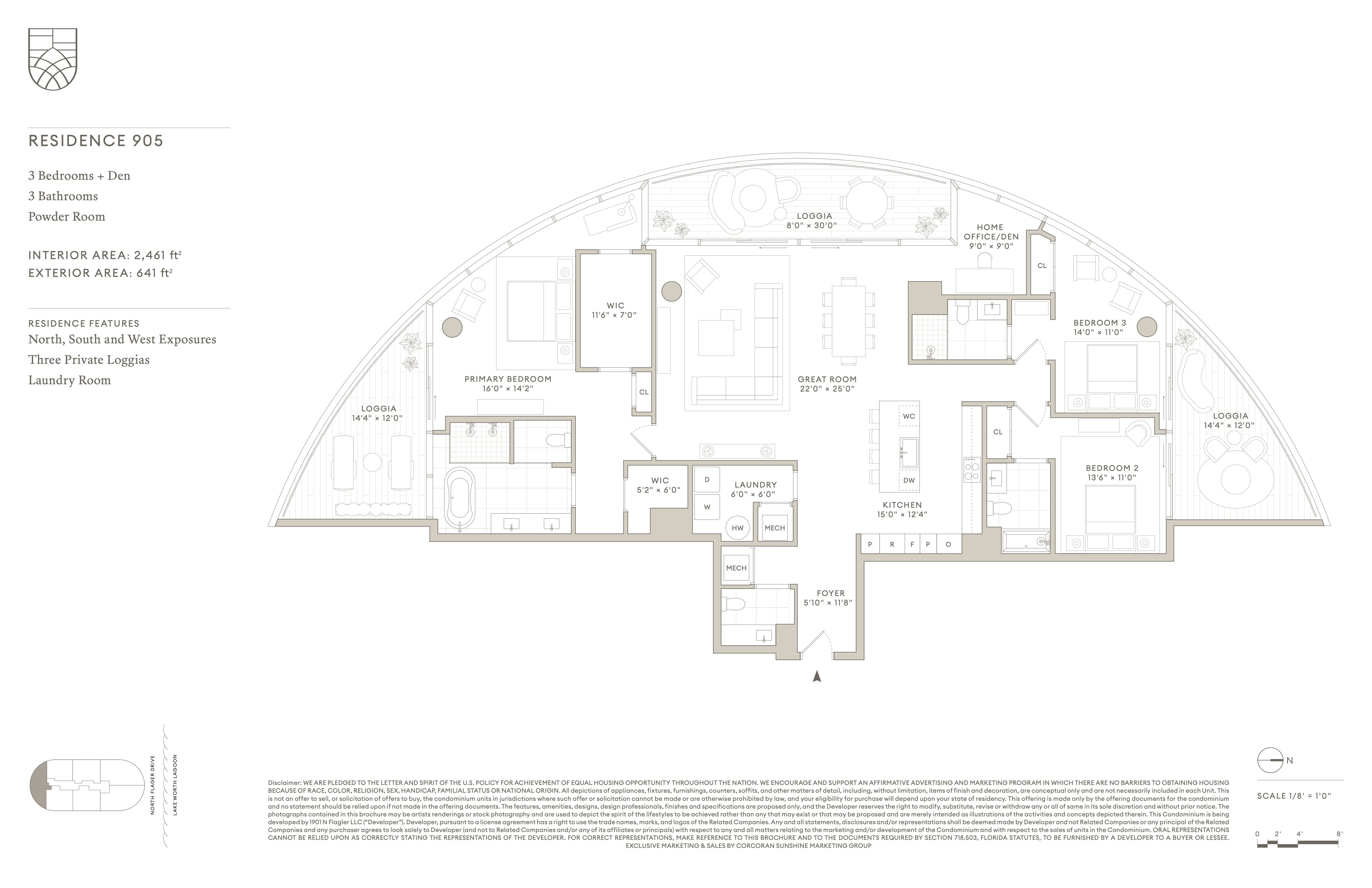 Floor Plan for Shorecrest West Palm Beach Floorplans, North, South, West Exposure 3 Bed  + Den