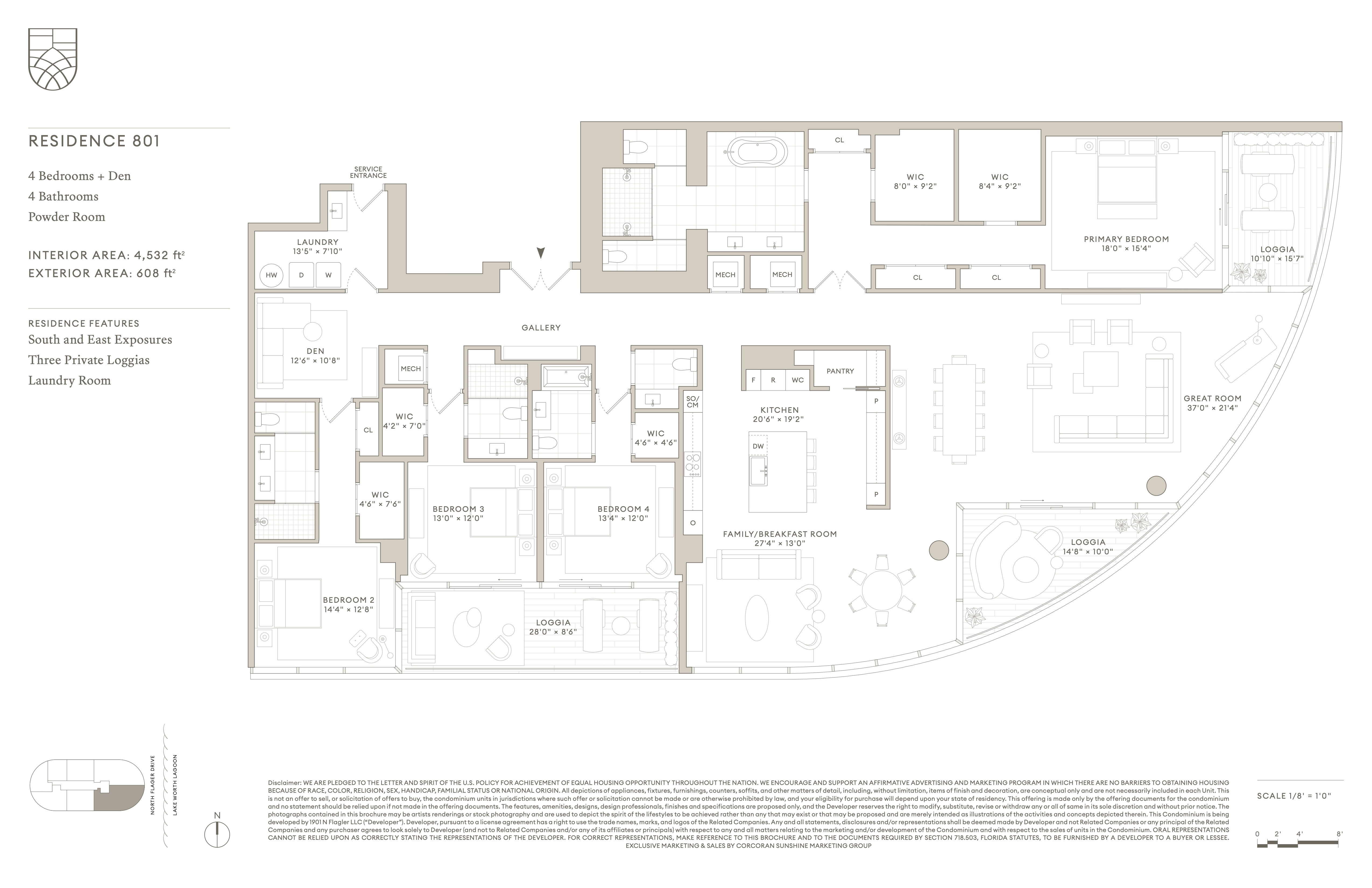 Floor Plan for Shorecrest West Palm Beach Floorplans, Southeast Exposure 4 Bed + Den