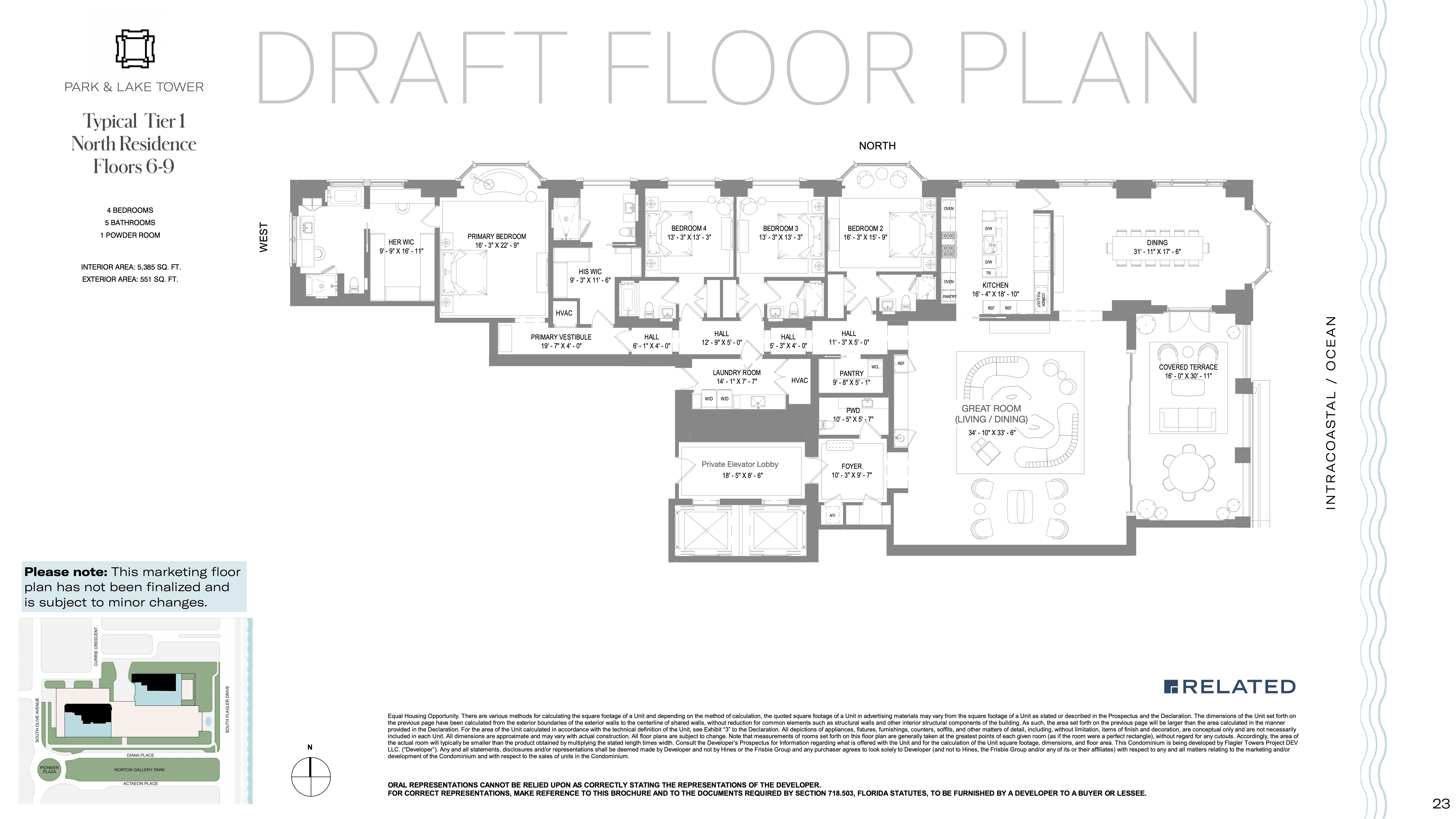 Floor Plan for South Flagler House Floorplans, Tier 1 North Residence Floor 6-9