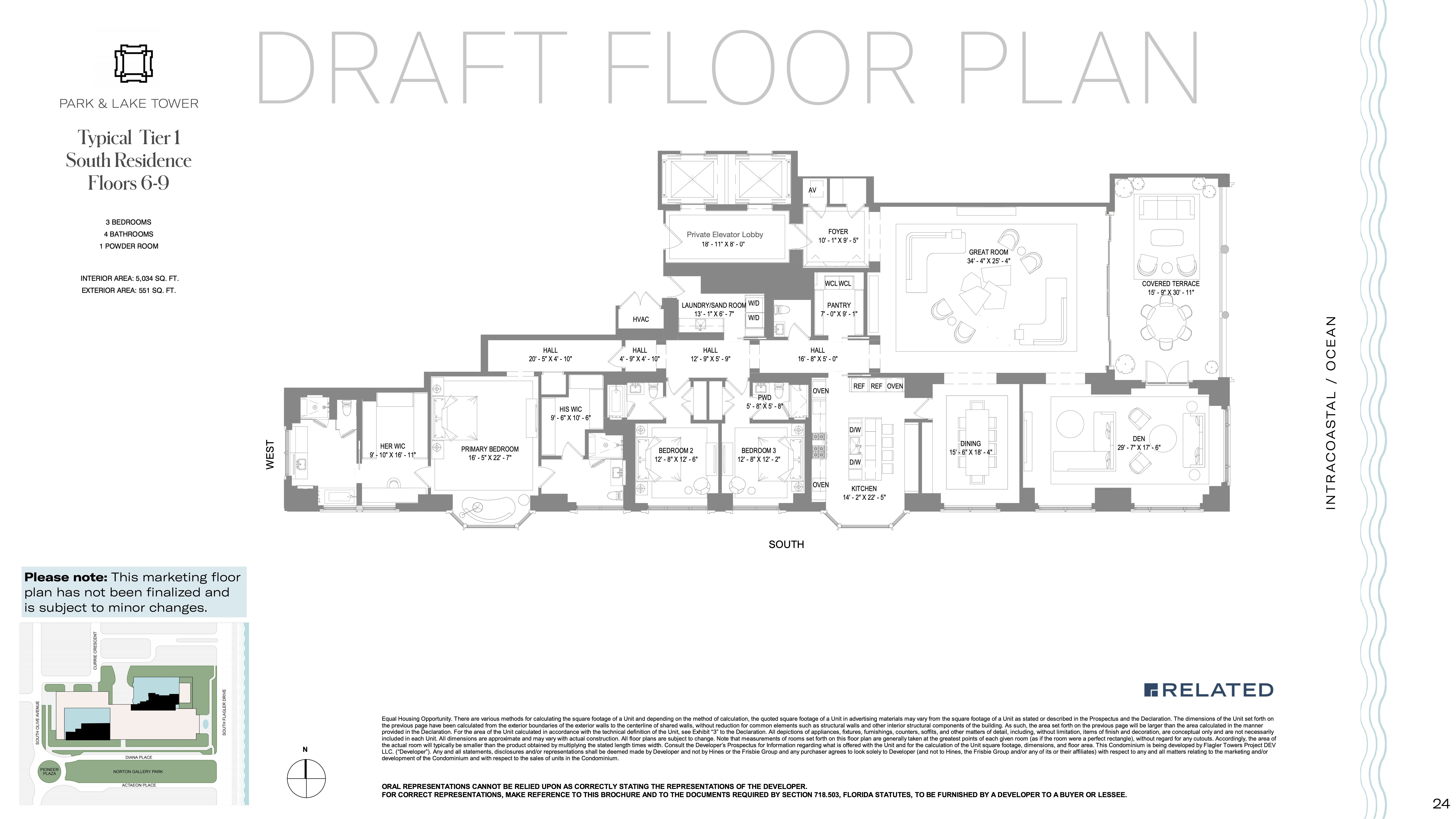 Floor Plan for South Flagler House Floorplans, Tier 1 South Residence Floors 6-9