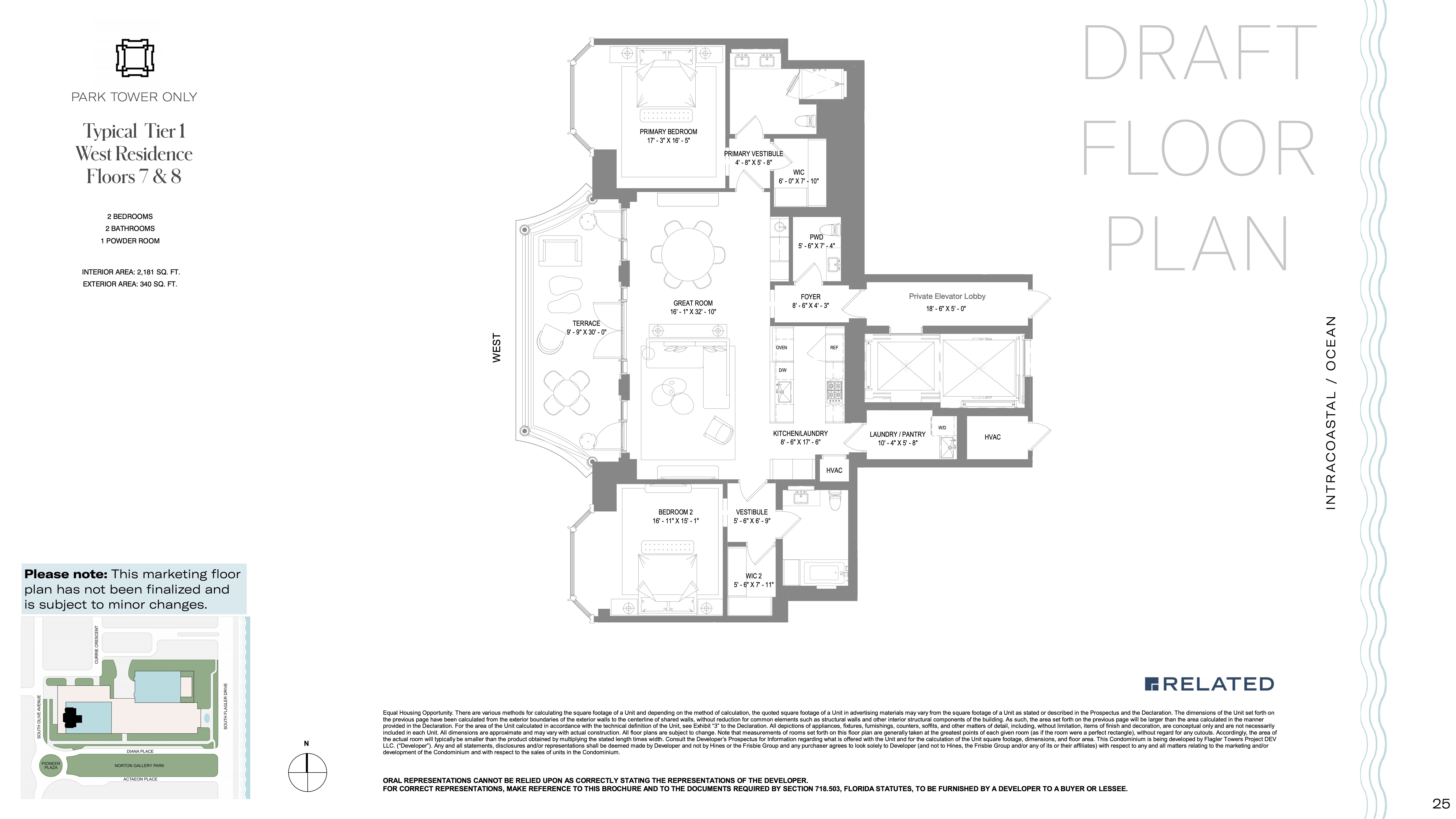 Floor Plan for South Flagler House Floorplans, Tier 1 West Residence Floors 7 & 8