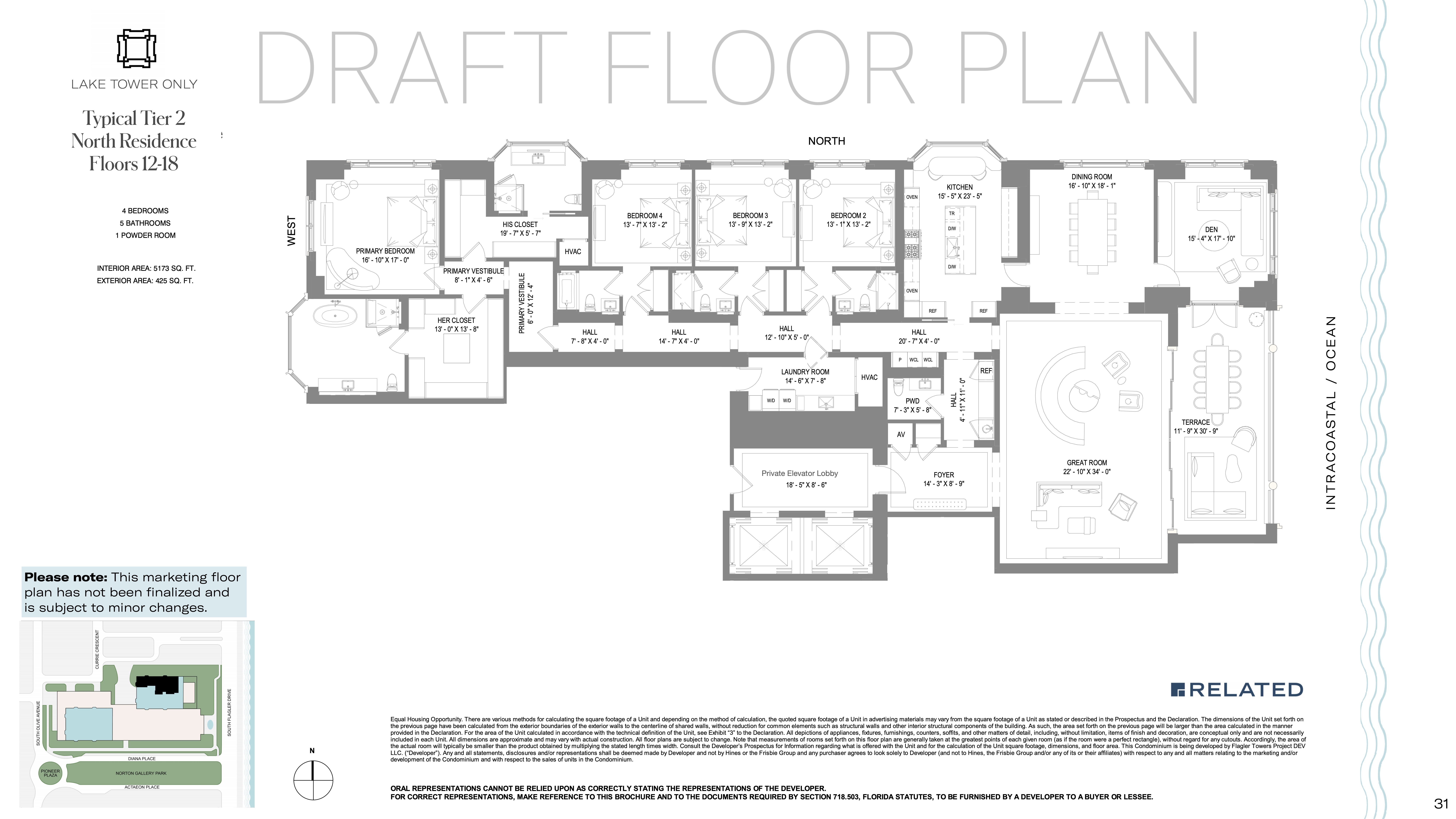 Floor Plan for South Flagler House Floorplans, Tier 2 North Residence Floor 12-18